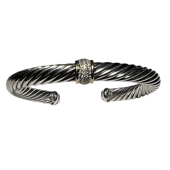 David Yurman 925 Sterling Silver 750 (18K) Yellow Gold Twist Cable Cuff Bracelet - Picture 1 of 15